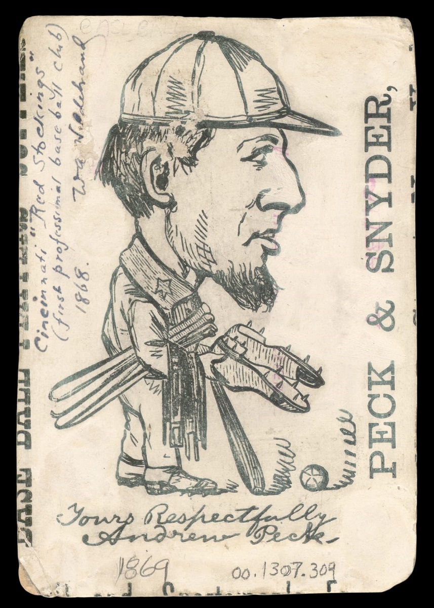Comical line drawing of man with oversized head wearing baseball uniform and holding baseball equipment; also contains printed and handwritten text