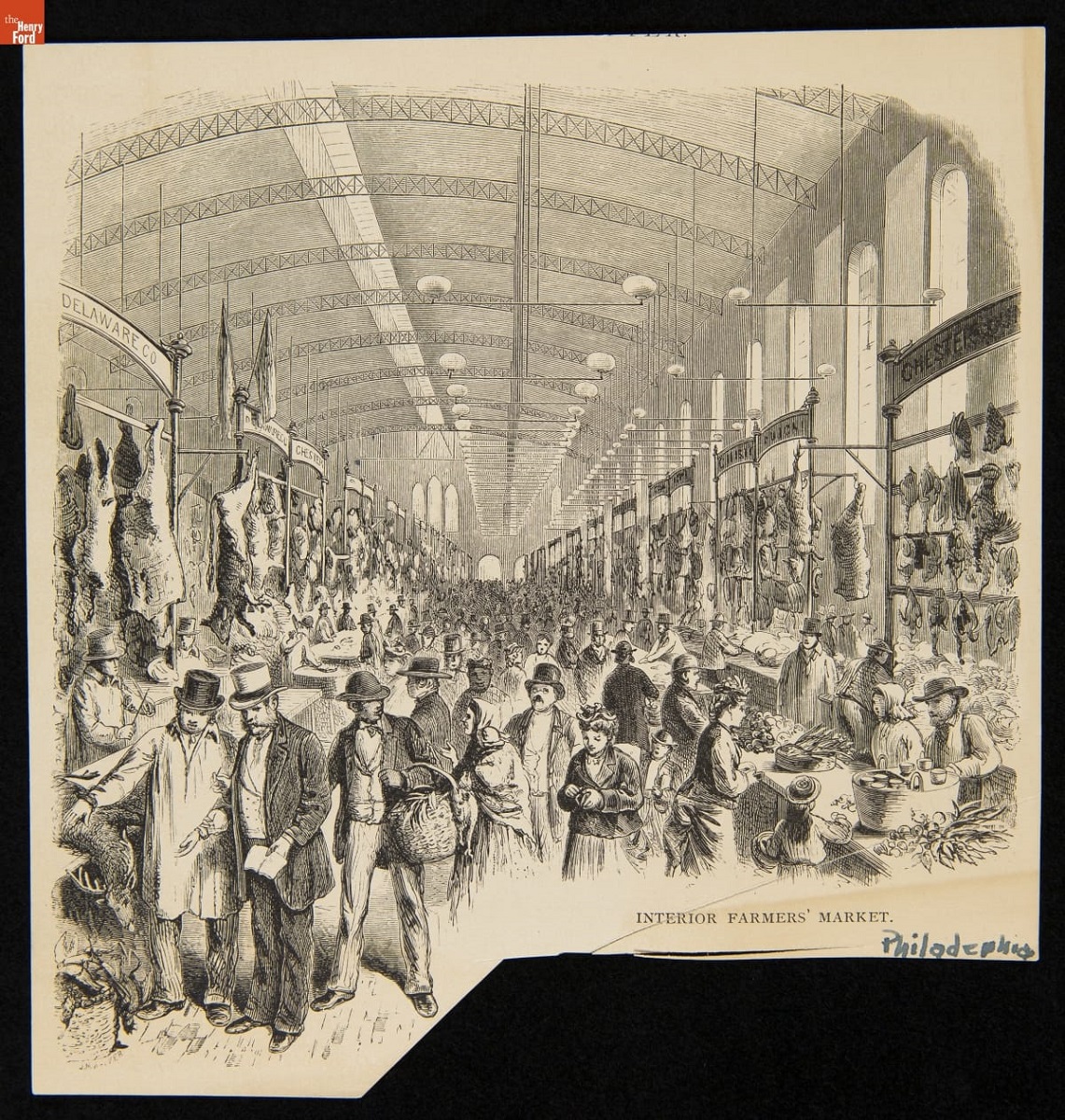 Interior Farmers' Market, 1875 Interior of large building, crowded with people in large aisle with goods displayed on either side