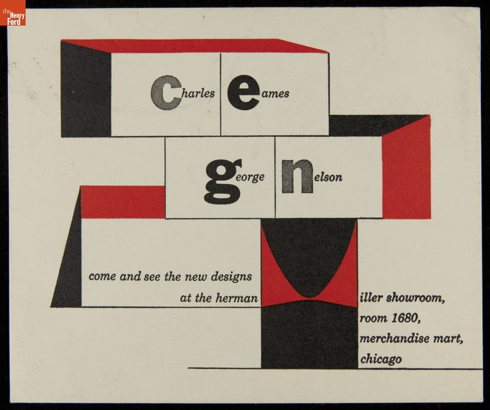 Trade Card for Herman Miller, Come and See the New Designs at the Herman Miller Showroom, circa 1955 Graphic card containing geometric shapes, some in red and black, and text
