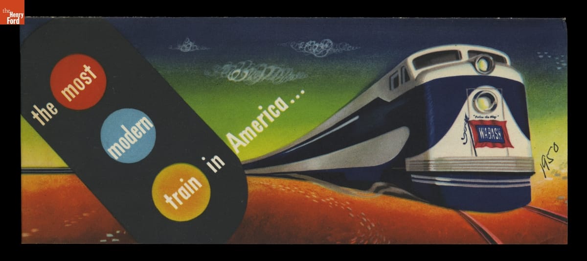 Brochure and Timetable for Wabash Railroad's Blue Bird Streamliner, "The Most Modern Train in America," 1950 Boldly colored image of train coming around a curve and traffic light (?); also contains text