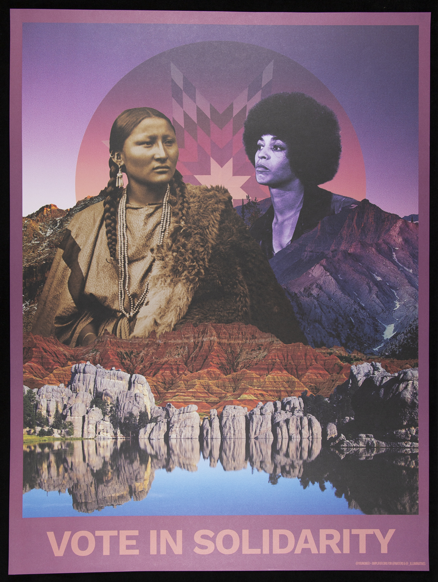 Collage poster with image of two women in landscape with circular graphic pattern behind them