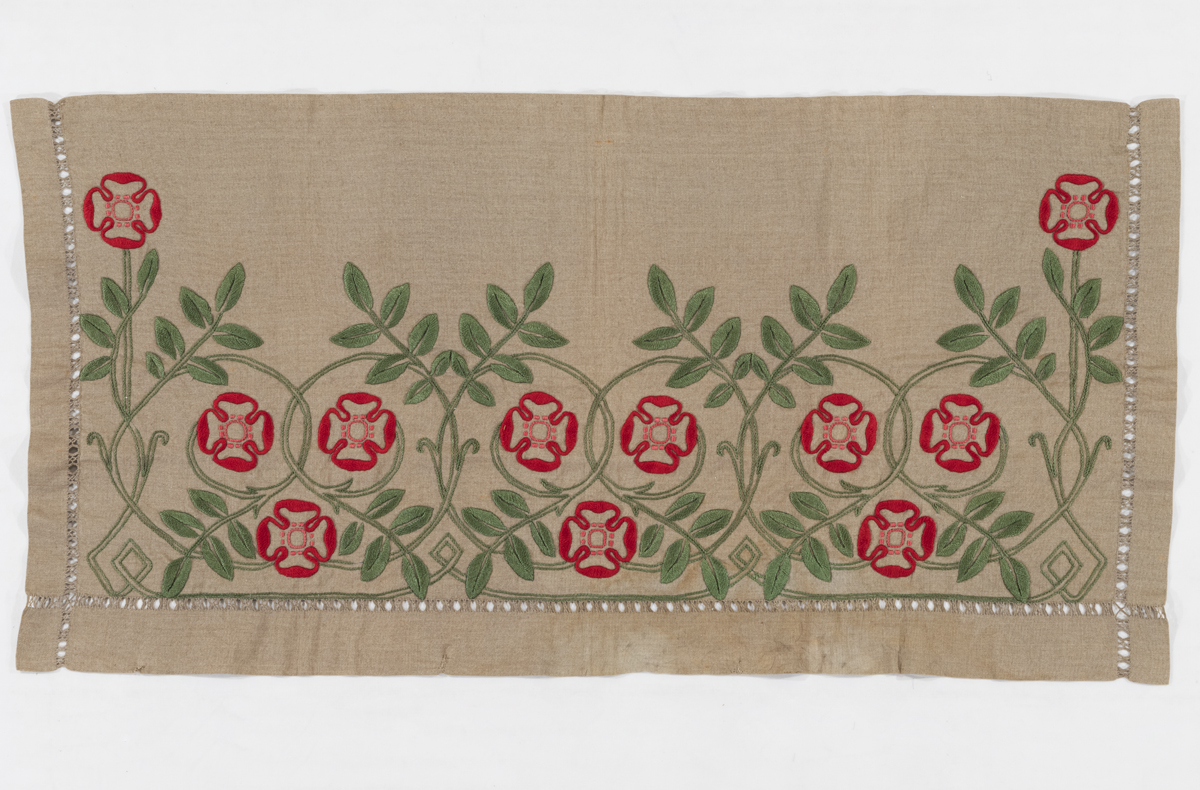 Table Cover, 1890-1910 Beige textile embroidered with green and red floral pattern