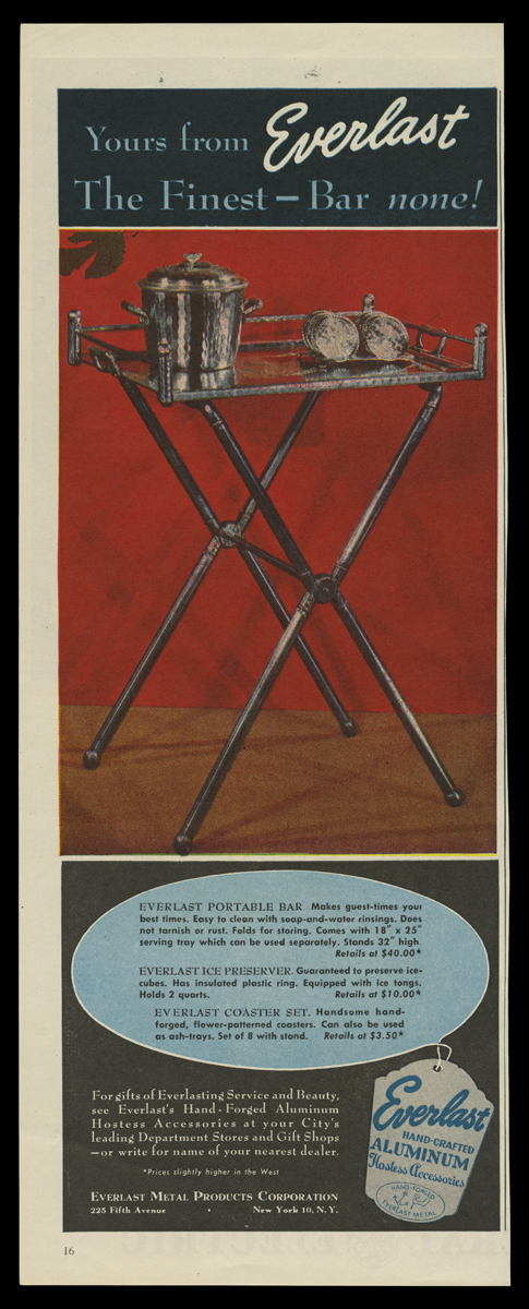 Slim tall ad with image of metal folding tray in center