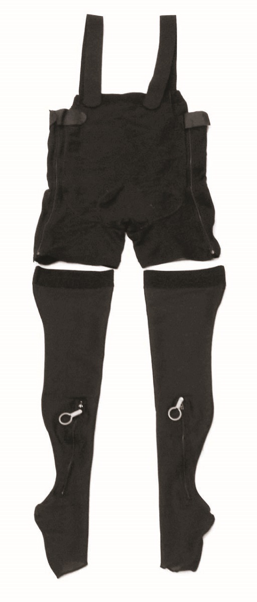 Black overalls with shorts and long compression stockings with silver zipper pulls