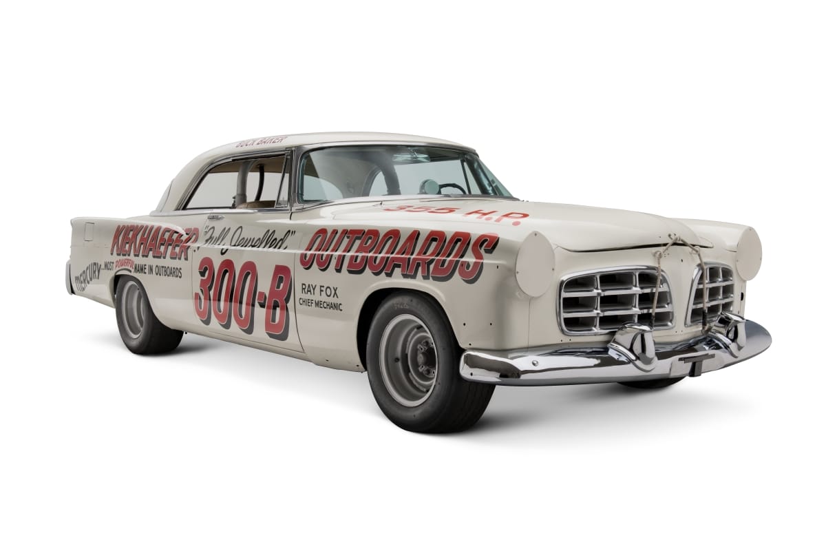 1956 Chrysler 300-B Stock Car White car with large red and black text on side and hood