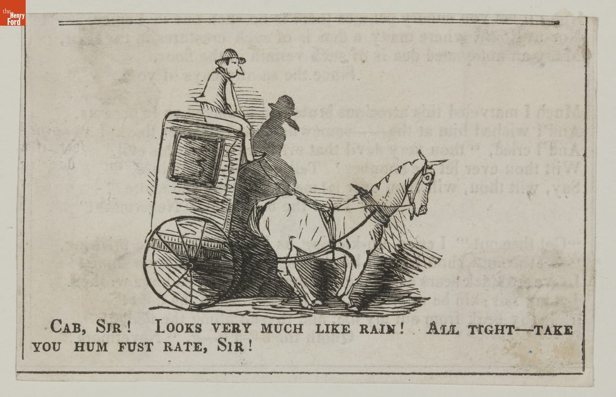Drawing of man perched atop high, narrow, two-wheeled carriage with a horse harnessed to it; also contains text