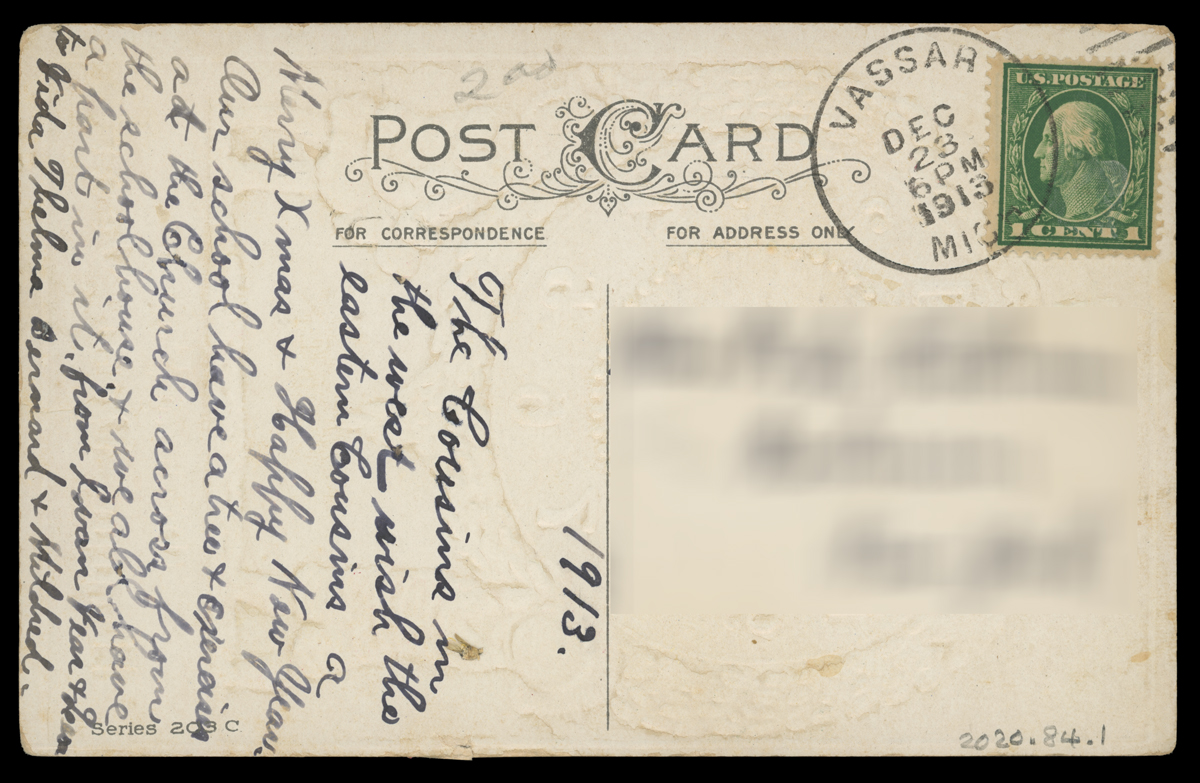 Wishing You a Happy New Year, December 1913 Postcard with handwritten text, blurred address, and one-cent stamp