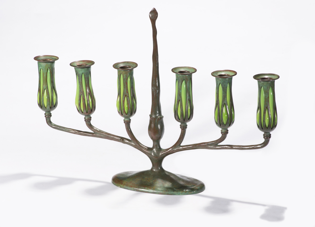 Bronze candelabrum with six green bud-shaped sconces