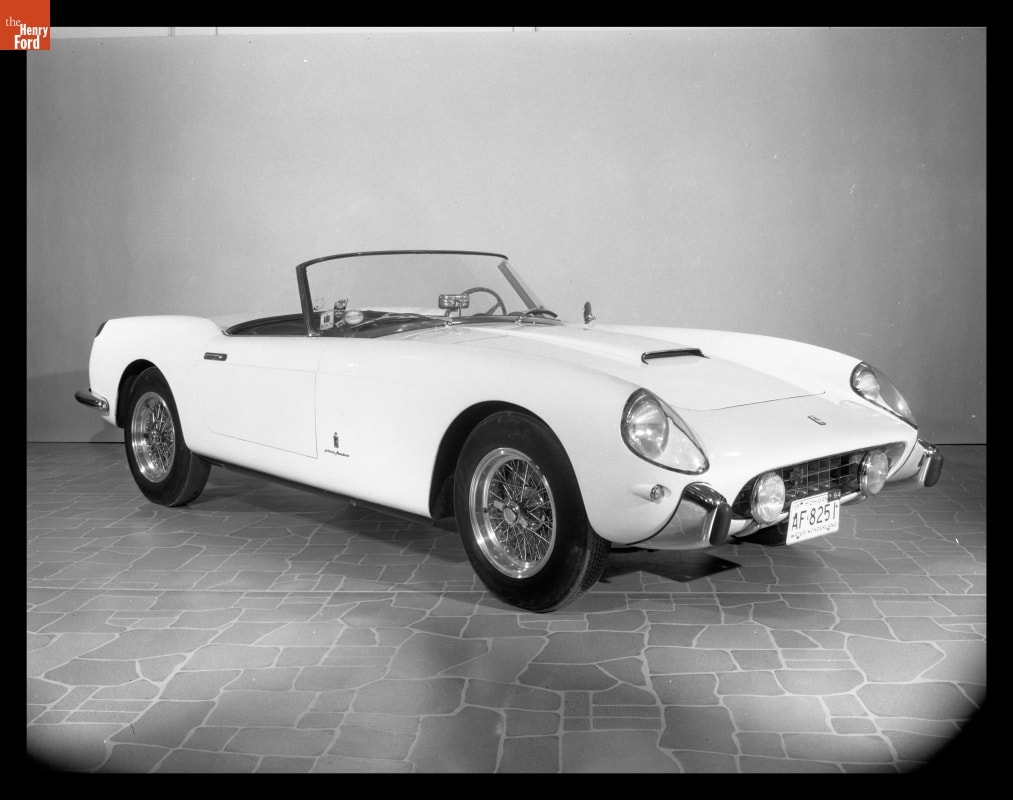 1958 Ferrari California Featured in the "Sports Cars in Review" Exhibition at Henry Ford Museum, 1965 Black-and-white photo of sleek light-colored convertible sportscar