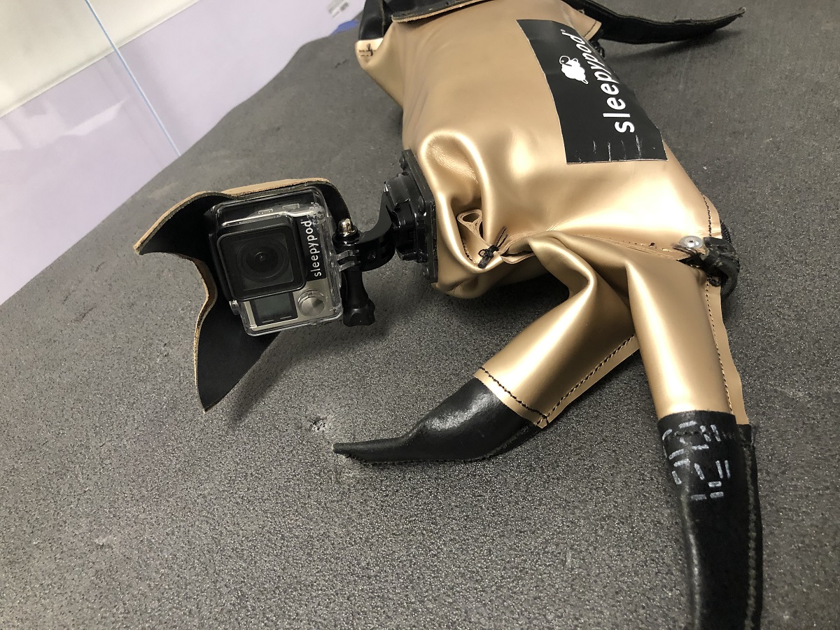 Champagne-colored fabric or plastic cat figure, with text and circular shape on side and camera where face would be, lying on side