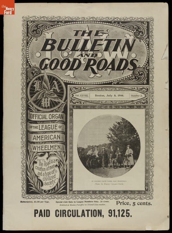 L.A.W. Bulletin and Good Roads Magazine for July 8, 1898 Black and white page with text, photo, illustrations, and decorative elements