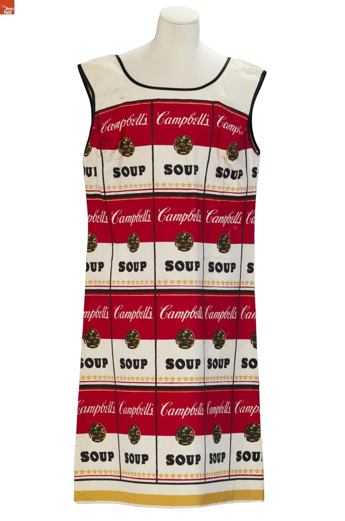 Sleeveless dress with a pattern of red-and-white Campbell’s soup cans