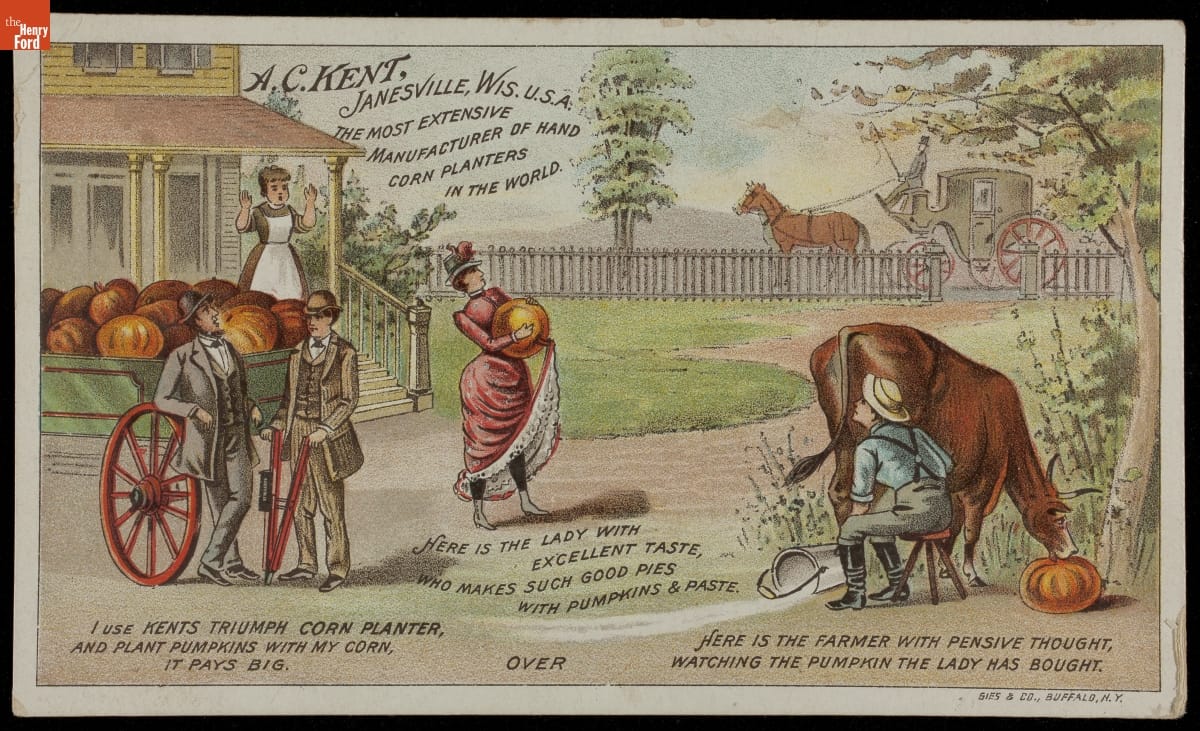 Trade Card for Triumph Corn Planter with Pumpkin Seed Attachment, A. C. Kent Company, circa 1885 Farmhouse yard with wagon full of pumpkins, man milking cow, and woman carrying pumpkin, among other things; also contains text