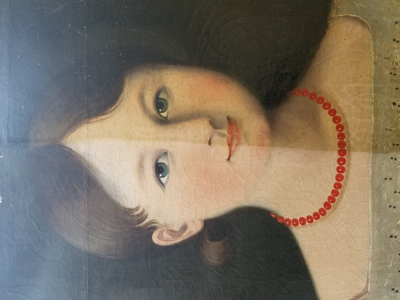 Painting of girl's face with paint on left side lighter and less yellowed than on right side