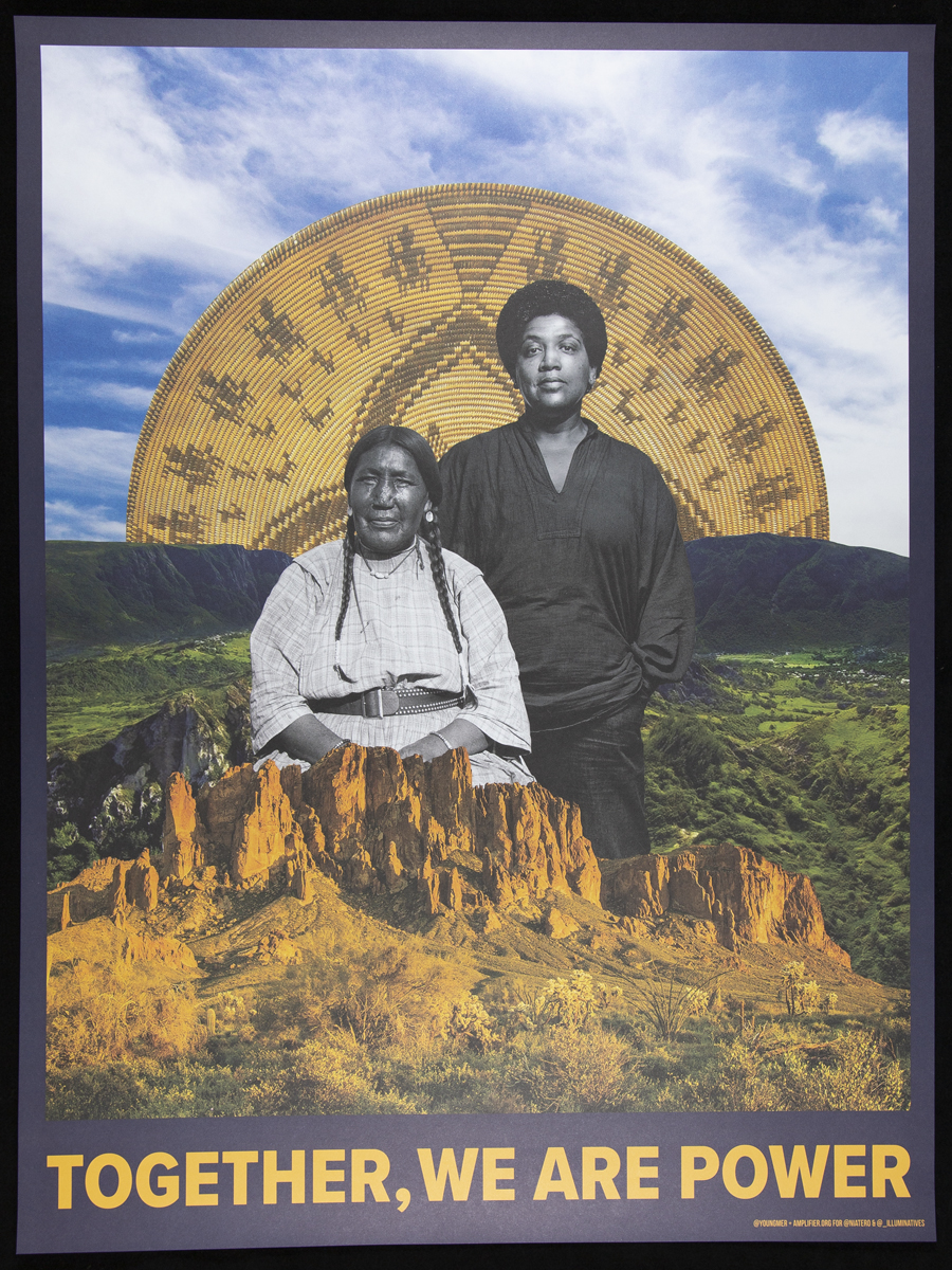 Collage poster with text and image of two women in a landscape with a woven circle or basket behind them