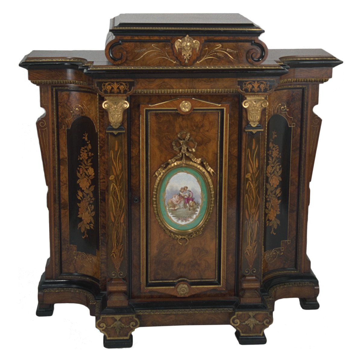 Parlor Cabinet, Attributed to Alexander Roux, 1860-1875 Elaborate wooden cabinet with inlay, gilt, and an oval painting on the front