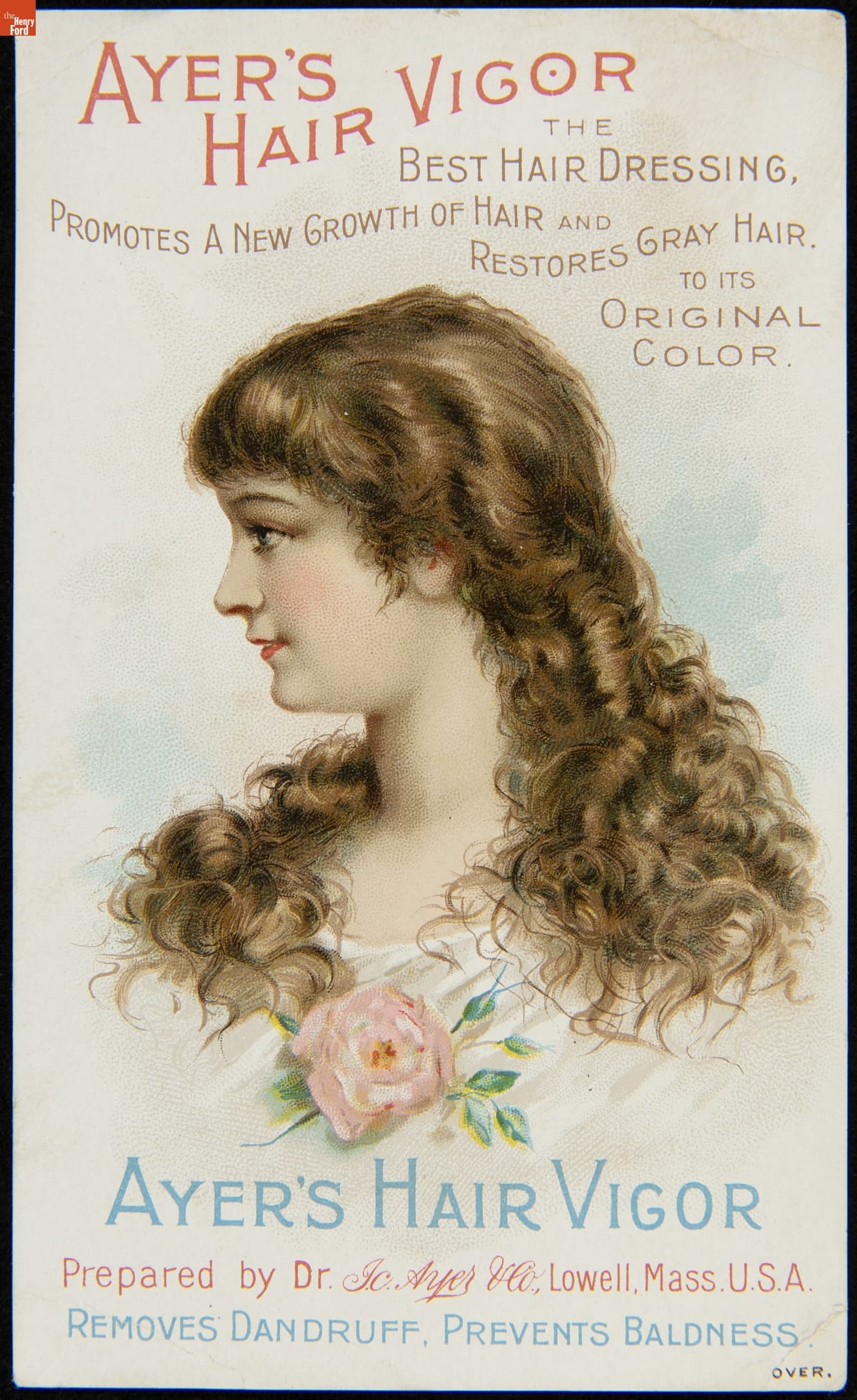 Chest and head of woman with long light brown hair and pink rose pinned to her chest; also contains text