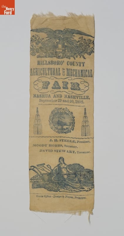 Hillsboro County Agricultural and Mechanical Fair Badge, 1852 Ribbon with text and a number of images