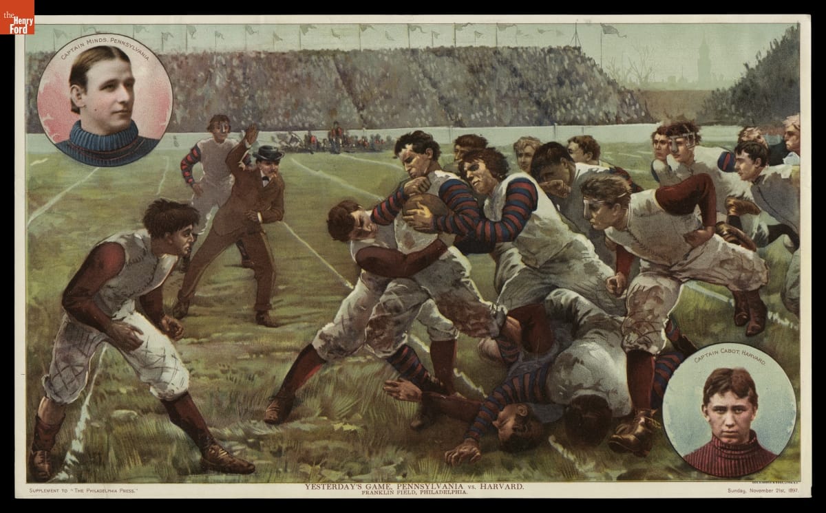 Color illustration of men playing football without protective gear; insets of two men's heads in corners