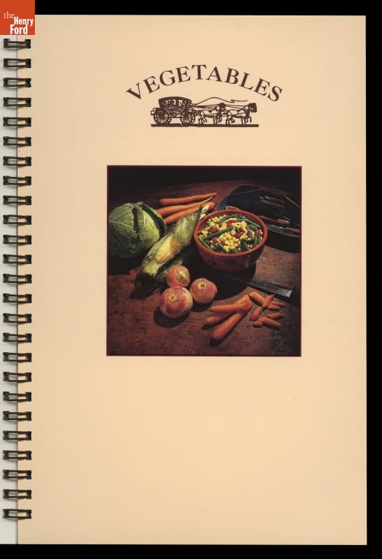 Spiral-bound page containing text and photo of chopped and whole vegetables on wooden surface