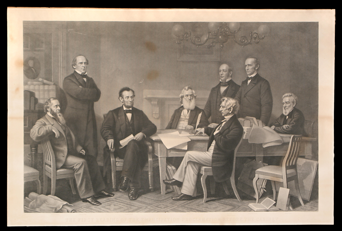 Engraving, "The First Reading of the Emancipation Proclamation Before the Cabinet" 1866 Group of men sit and stand around a table filled with papers and books, with additional papers and books around the room