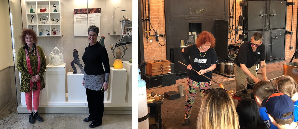 one image of two women standing in fromt of a glass case filled with decorative glass art, and one image of a woman demonstrating how to blow glass with a long rod