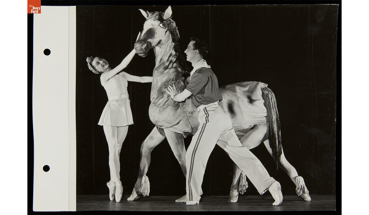 For the 1940 New York World’s Fair, Ford Motor Company hired American Ballet Caravan to perform A Thousand Times Neigh, a ballet telling the story of the automobile through the eyes of Dobbin the horse. The dancers had been trained at Balanchine’s American Ballet.