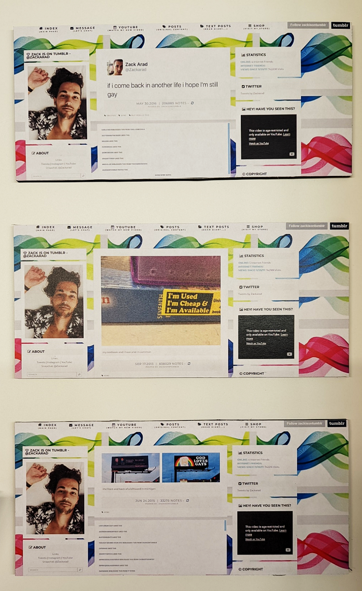 Zackisontumblr@tumblr.com Several screenshots from a tumblr blog, featuring images and text