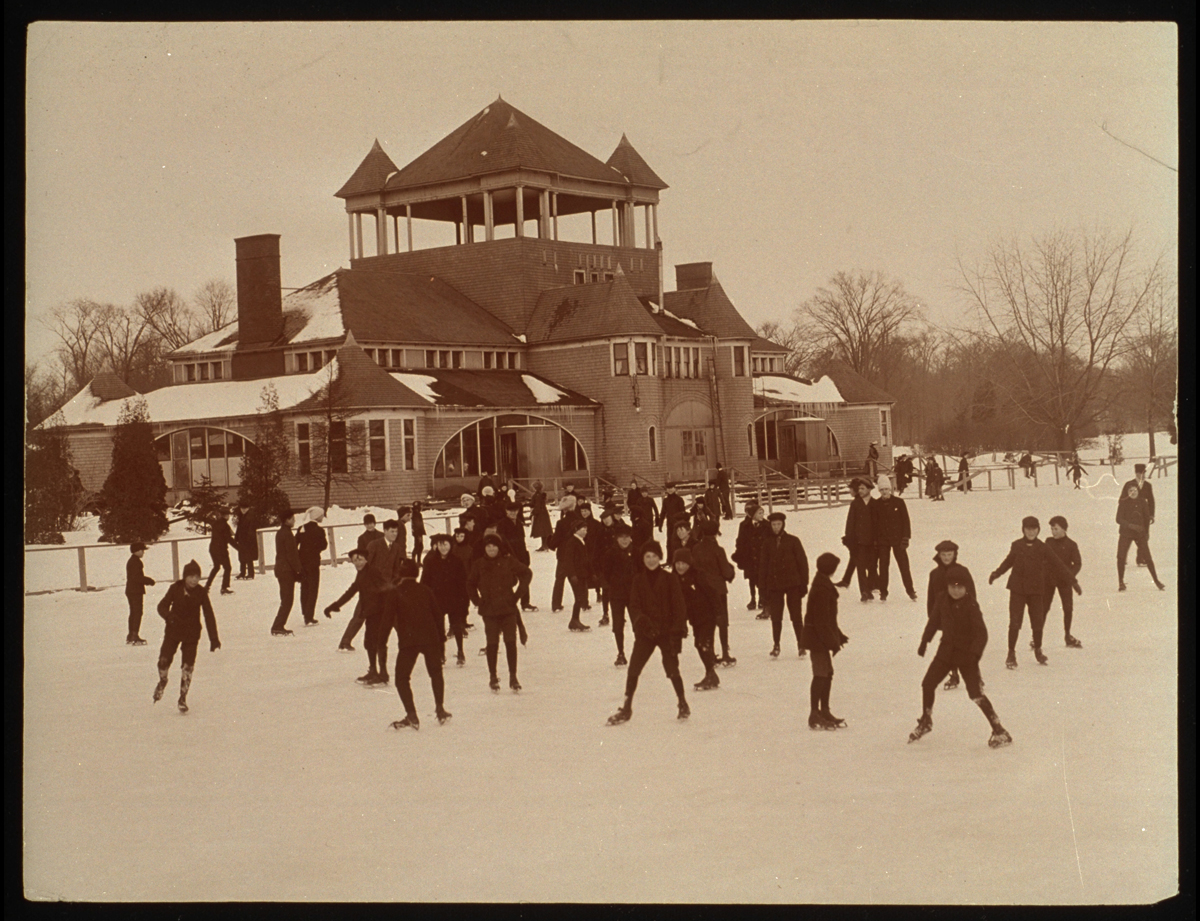 Children and adults could rent skates from the Belle Isle Pavilion and skate on adjacent Lake Takoma on Belle Isle in Detroit, Michigan, around 1900.
