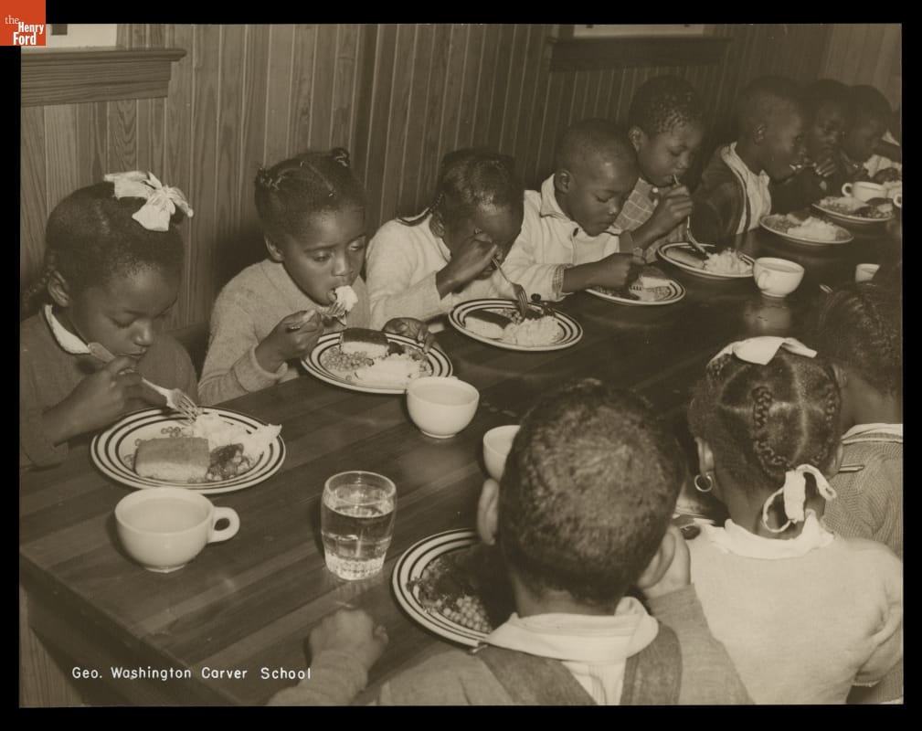 Elementary school children in the cafeteria at the George Washington Carver School, near Richmond Hill, Georgia, circa 1947