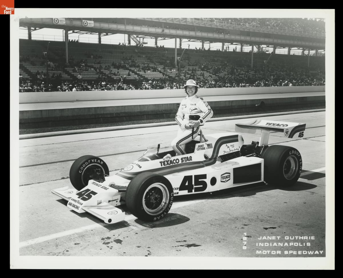 Janet Guthrie with Lola-Cosworth Race Car at Indianapolis Motor Speedway, 1978