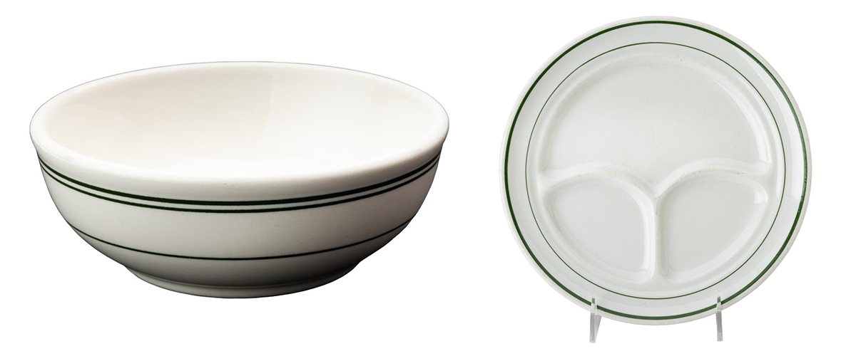 The white with green stripes pattern on a bowl by Homer Laughlin China Company, 1966 (left) and on a divided plate by Buffalo China Company, 1952 (right)