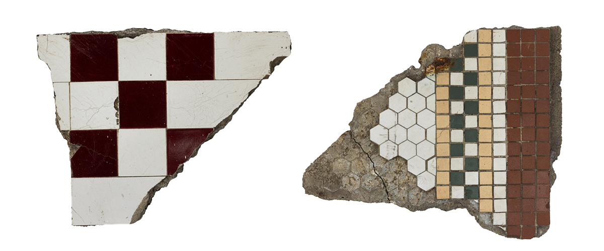 Wall tile fragment mentioned above, from the site of a Worcester Lunch Car in North Kingstown, RI, 1920-1939 (left), Floor tile fragment from Hodgin's Diner, York Beach, ME, circa 1915 (right)