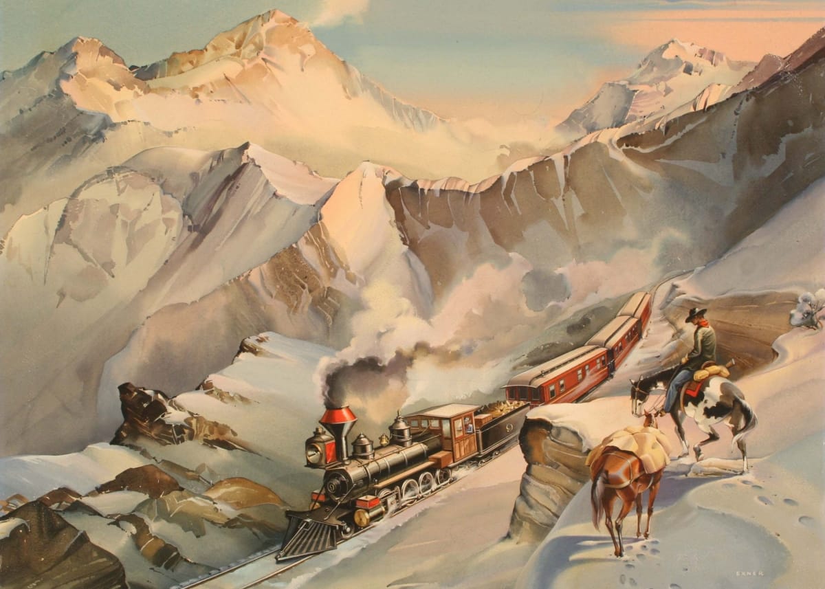 Painting of train traveling through snowy mountains as a cowboy on a horse with a packhorse watches from atop a bluff