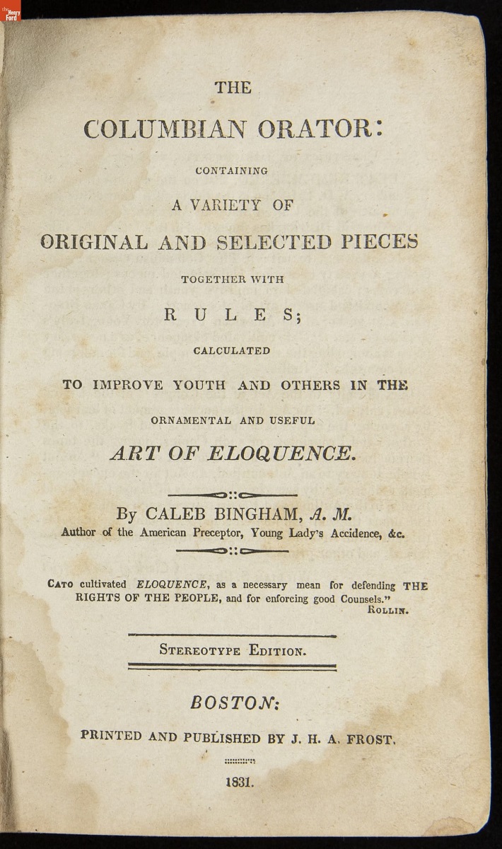 The Columbian Orator, 1831 (title page) Page with text