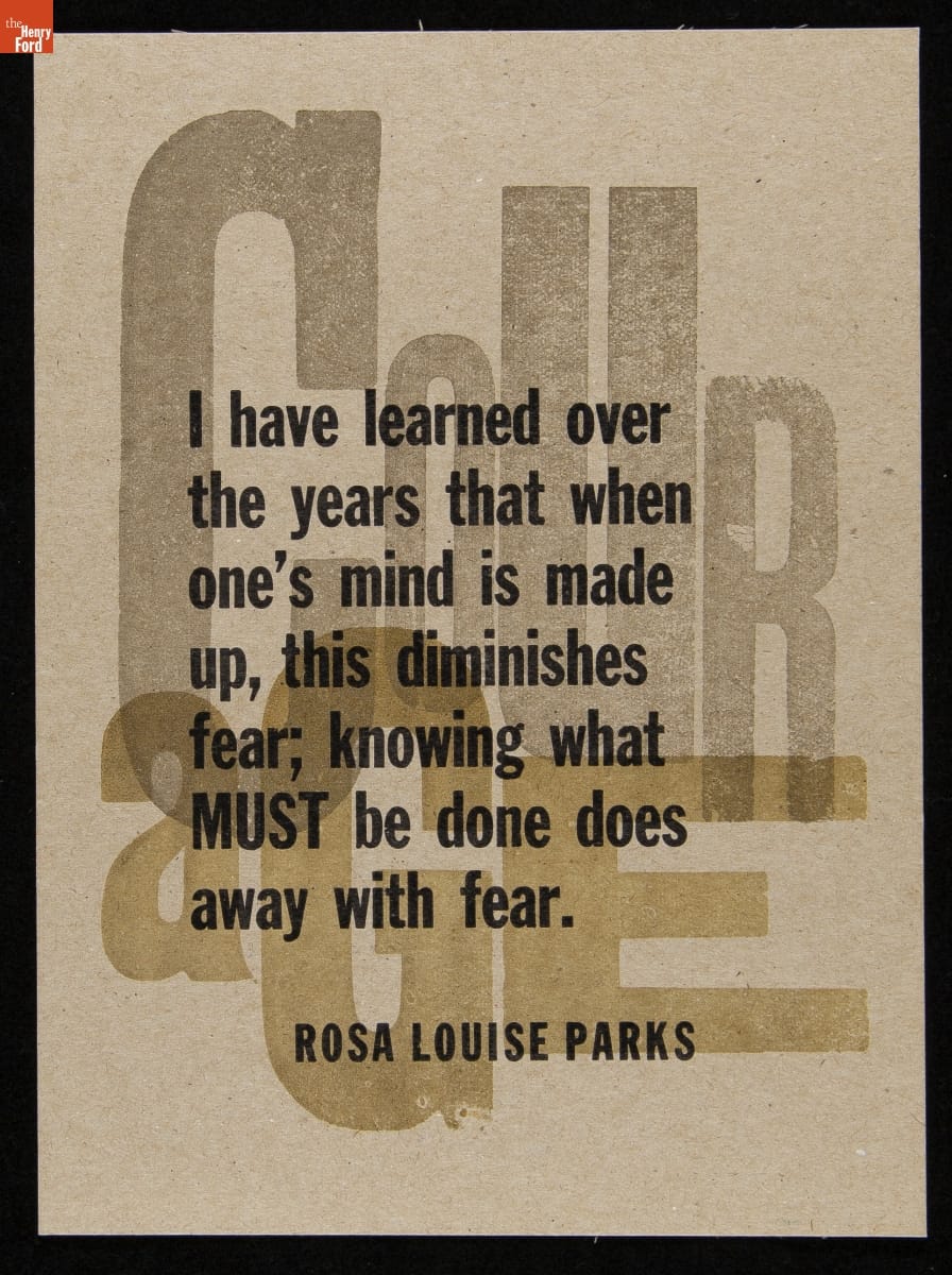 Print with large gray and gold letters in background spelling 