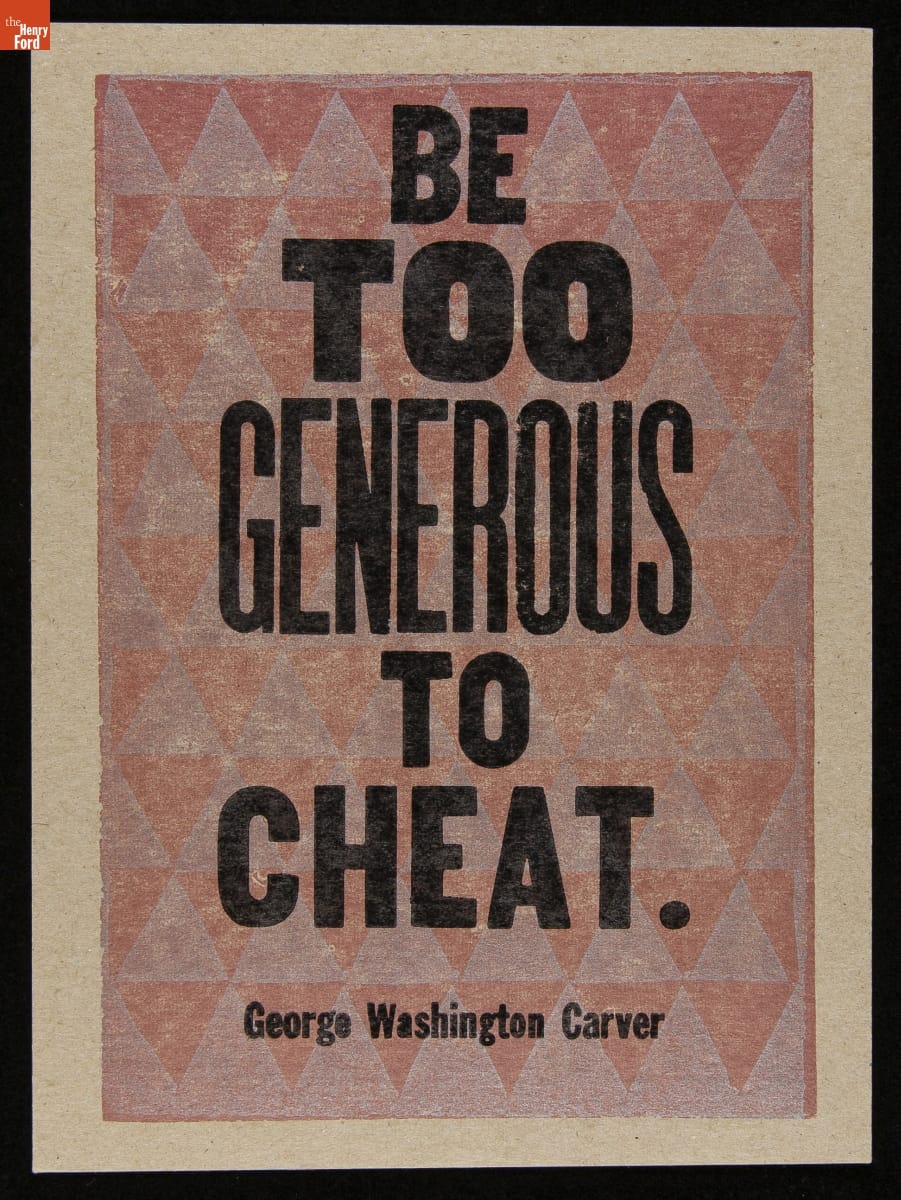 Print with background of pink and gray triangles and bold black text in foreground