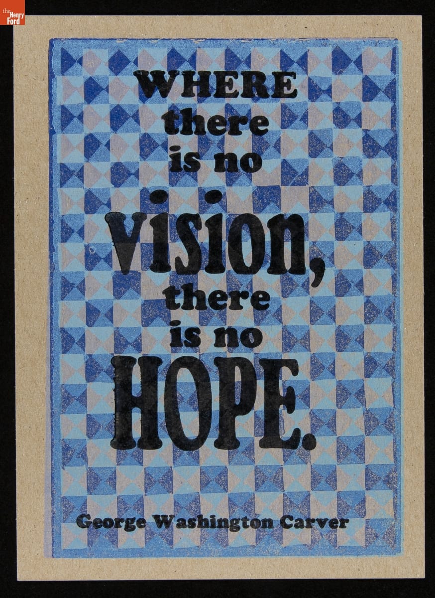 Print with light and dark blue checkerboard background and large text 