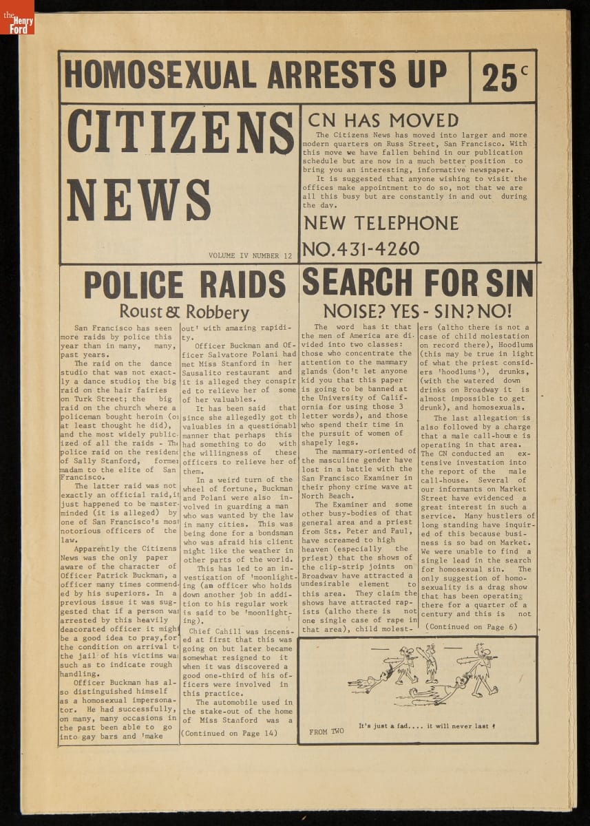 Front page of newsletter with headlines, text articles, and a cartoon