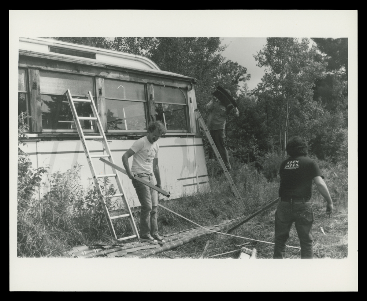 Richard Gutman (left) and Larry Cultrera Dismantling Corriveau's Diner for salvage, Gilmanton, NH, August 1985.