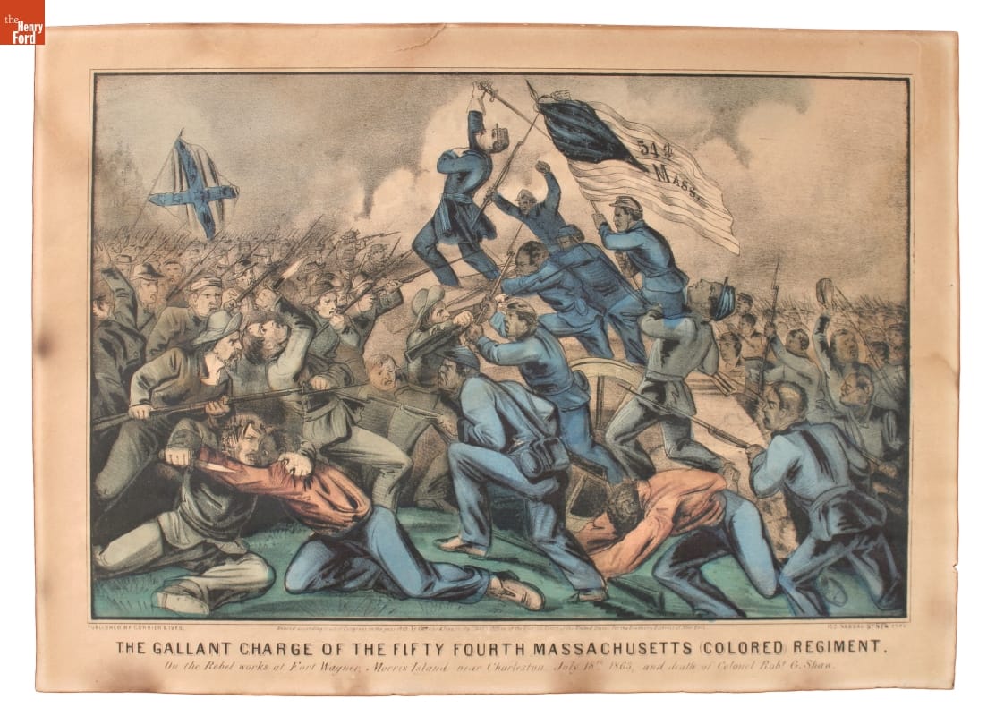 Lithograph, Print of Black men in blue uniforms, led by a white man in a blue uniform, clashing with men in gray uniforms