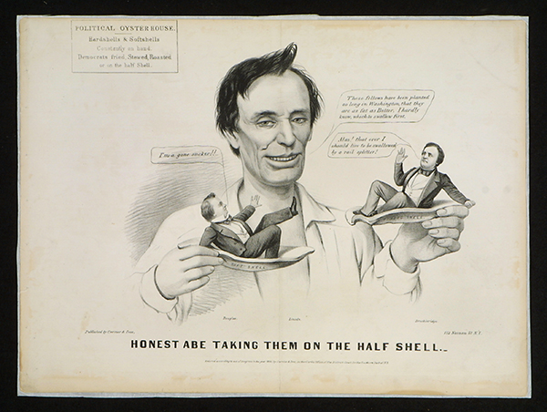 Political Cartoon, "Honest Abe Taking Them on the Half Shell," 1860
